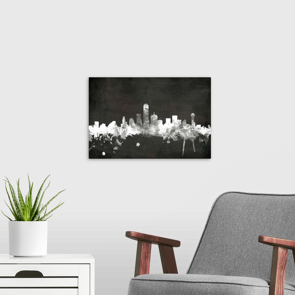 A modern room featuring Smokey dark watercolor silhouette of the Dallas city skyline against chalkboard background.