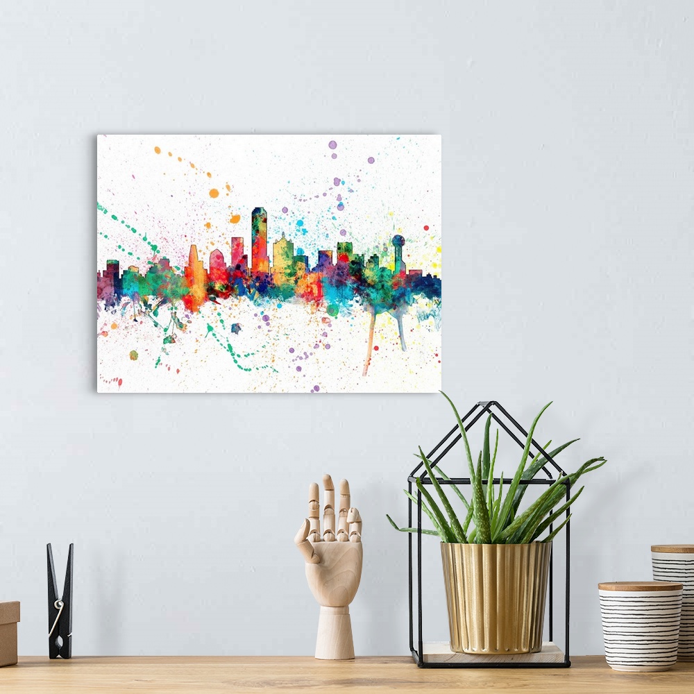 A bohemian room featuring Wild and vibrant paint splatter silhouette of the Dallas skyline.