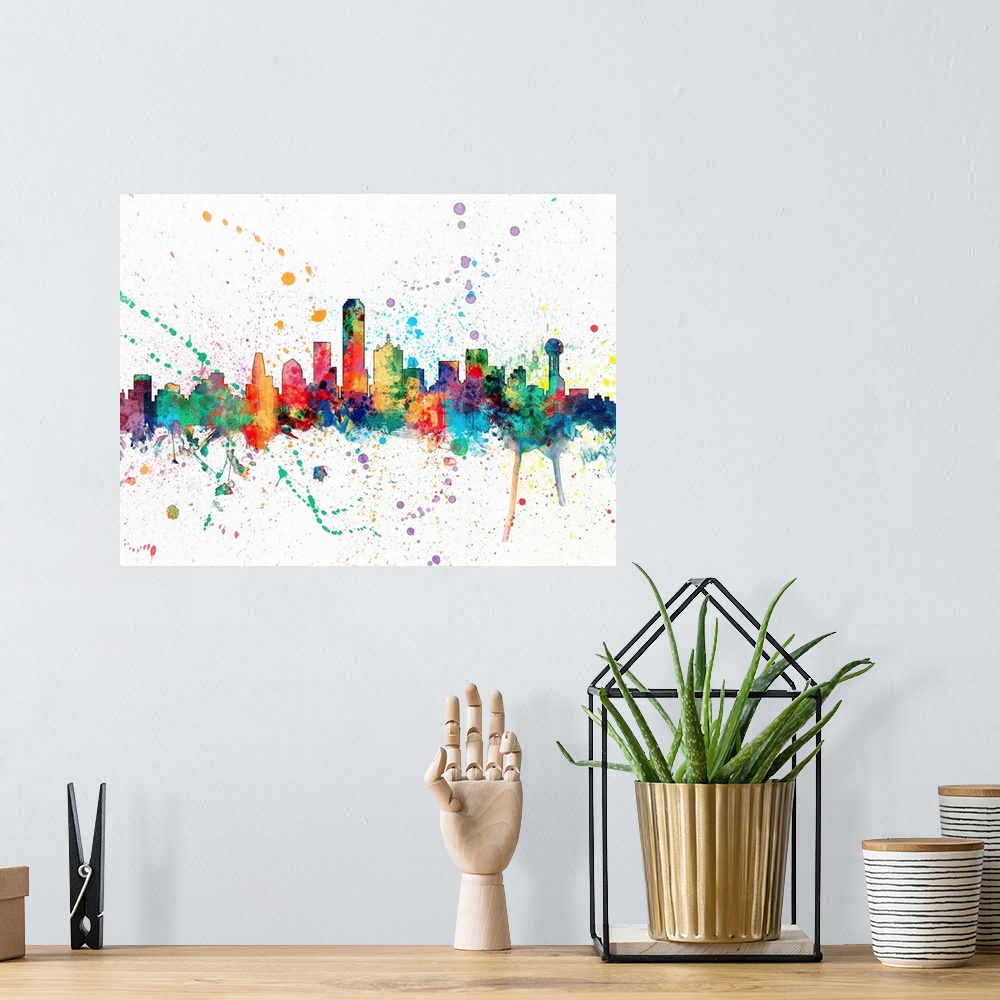 A bohemian room featuring Wild and vibrant paint splatter silhouette of the Dallas skyline.