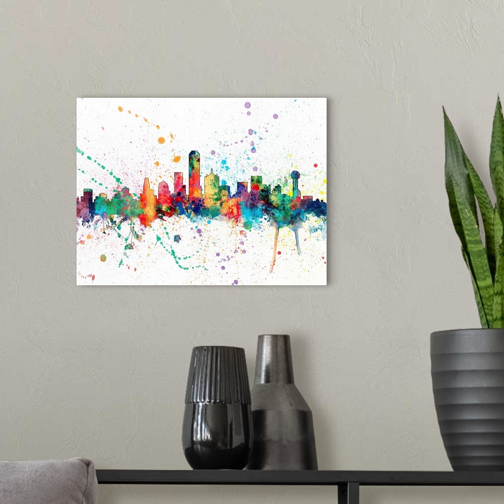 A modern room featuring Wild and vibrant paint splatter silhouette of the Dallas skyline.