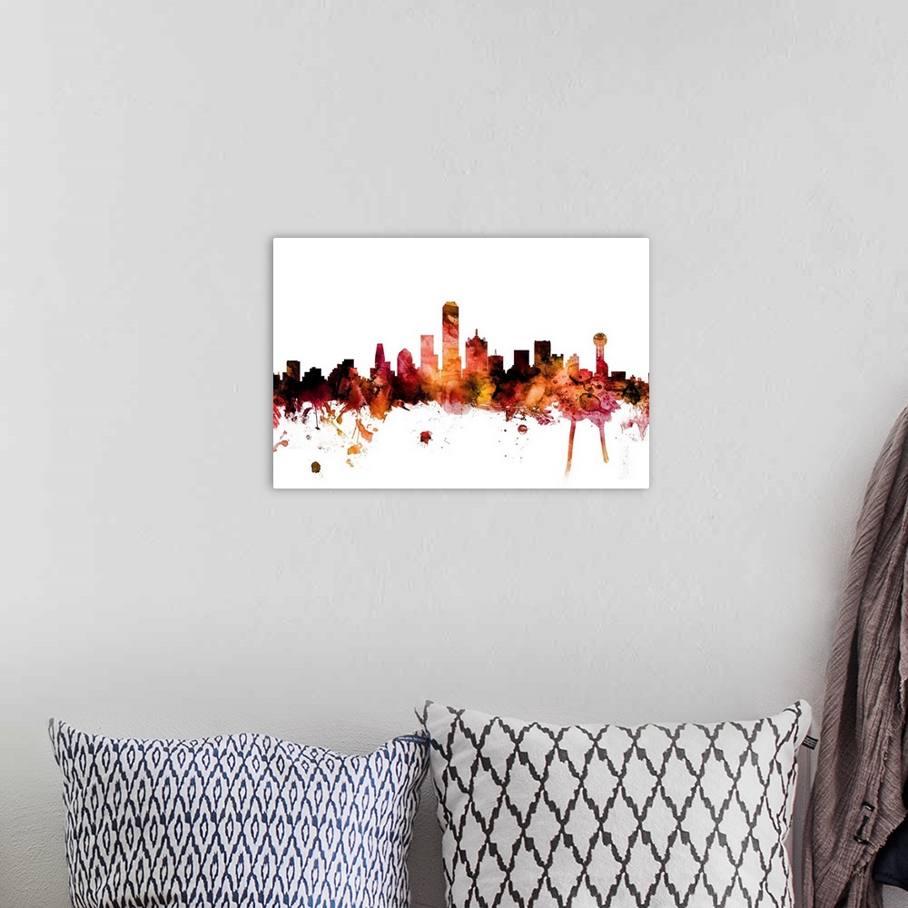 A bohemian room featuring Watercolor art print of the skyline of Dallas, Texas, United States