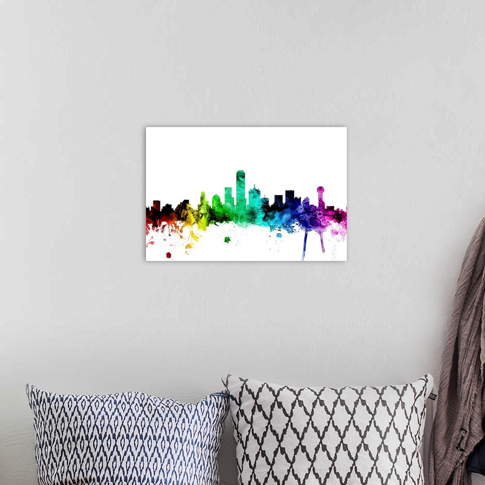 A bohemian room featuring Watercolor art print of the skyline of Dallas, Texas, United States.