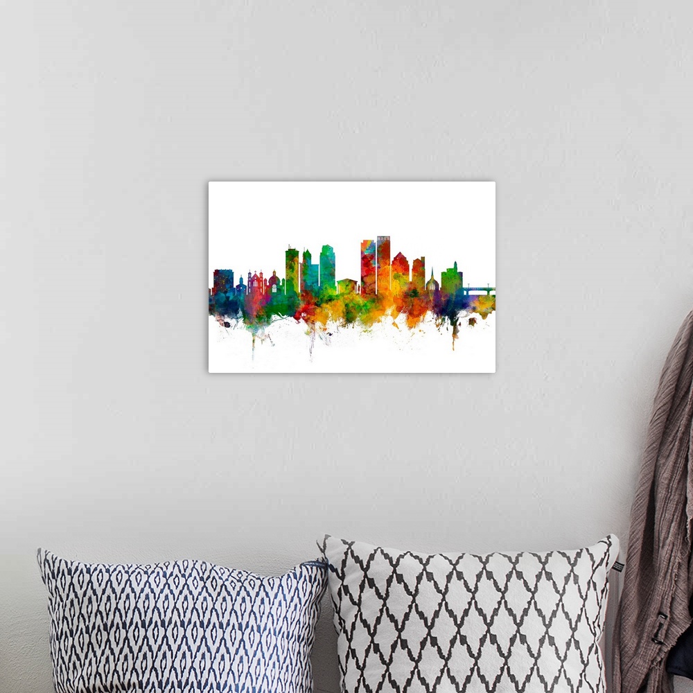 A bohemian room featuring Watercolor art print of the skyline of Dayton Ohio, United States.