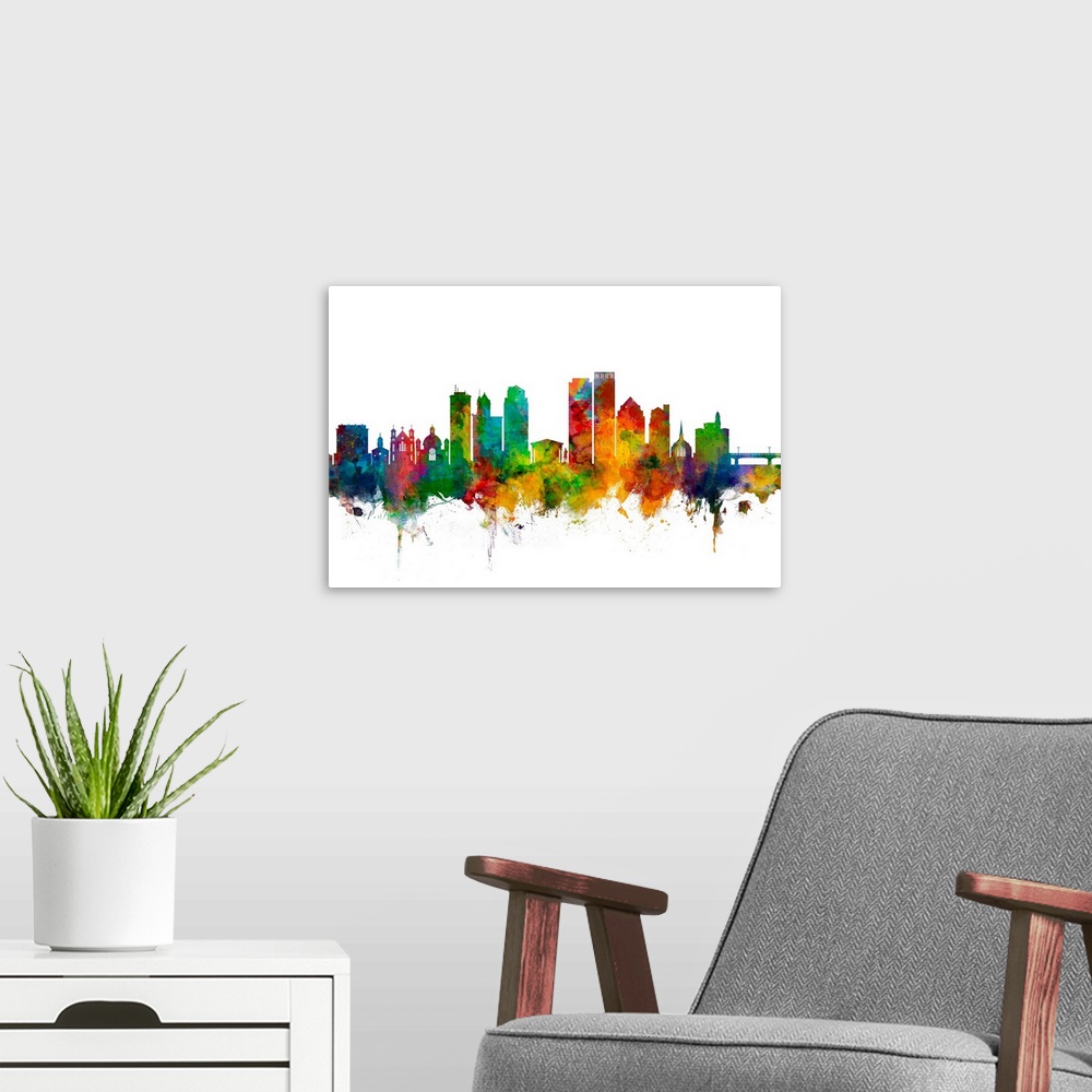 A modern room featuring Watercolor art print of the skyline of Dayton Ohio, United States.