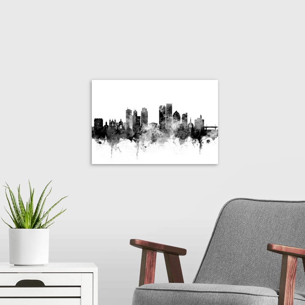 A modern room featuring Watercolor art print of the skyline of Dayton Ohio, United States.