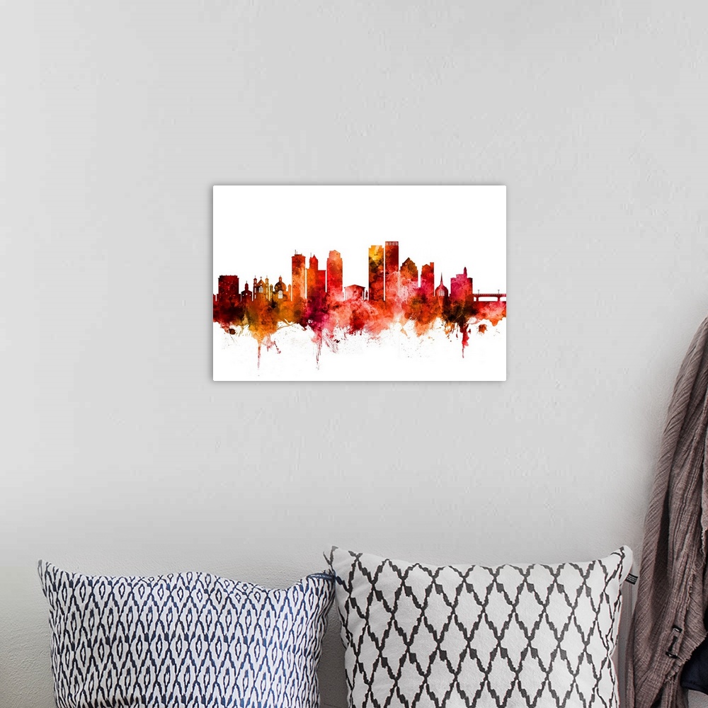 A bohemian room featuring Watercolor art print of the skyline of Dayton Ohio, United States.