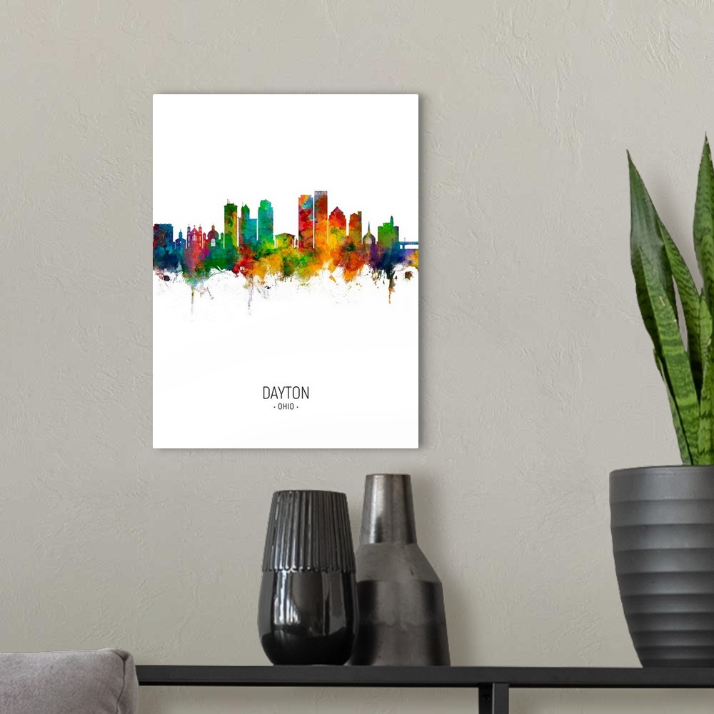 A modern room featuring Watercolor art print of the skyline of Dayton Ohio, United States
