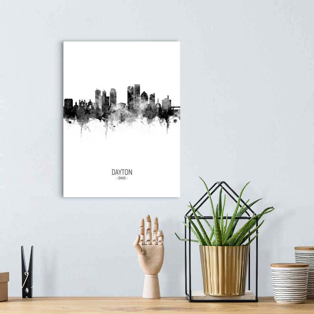 A bohemian room featuring Watercolor art print of the skyline of Dayton Ohio, United States