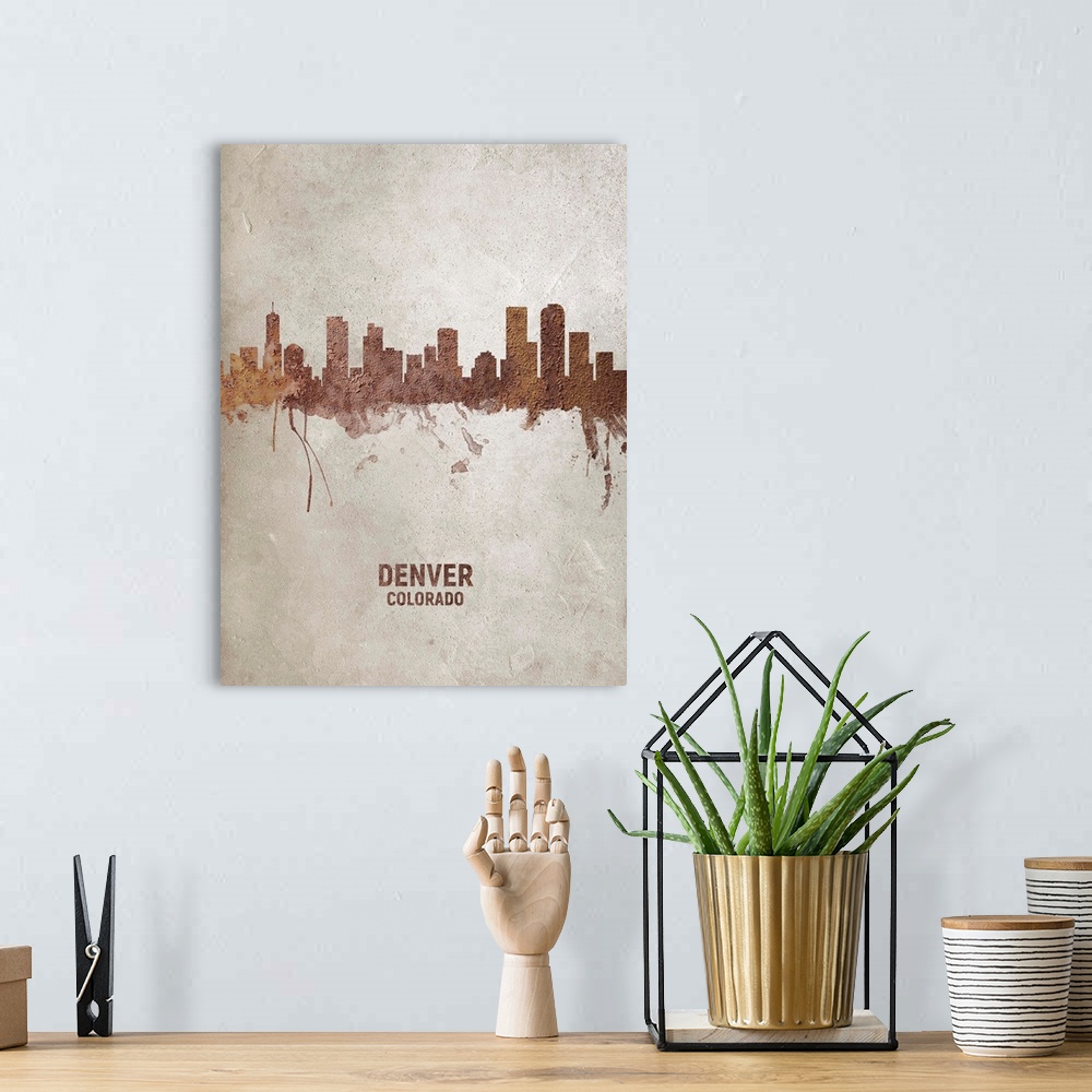 A bohemian room featuring Art print of the skyline of Denver, Colorado, United States. Rust on concrete.