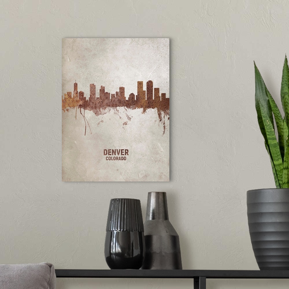 A modern room featuring Art print of the skyline of Denver, Colorado, United States. Rust on concrete.