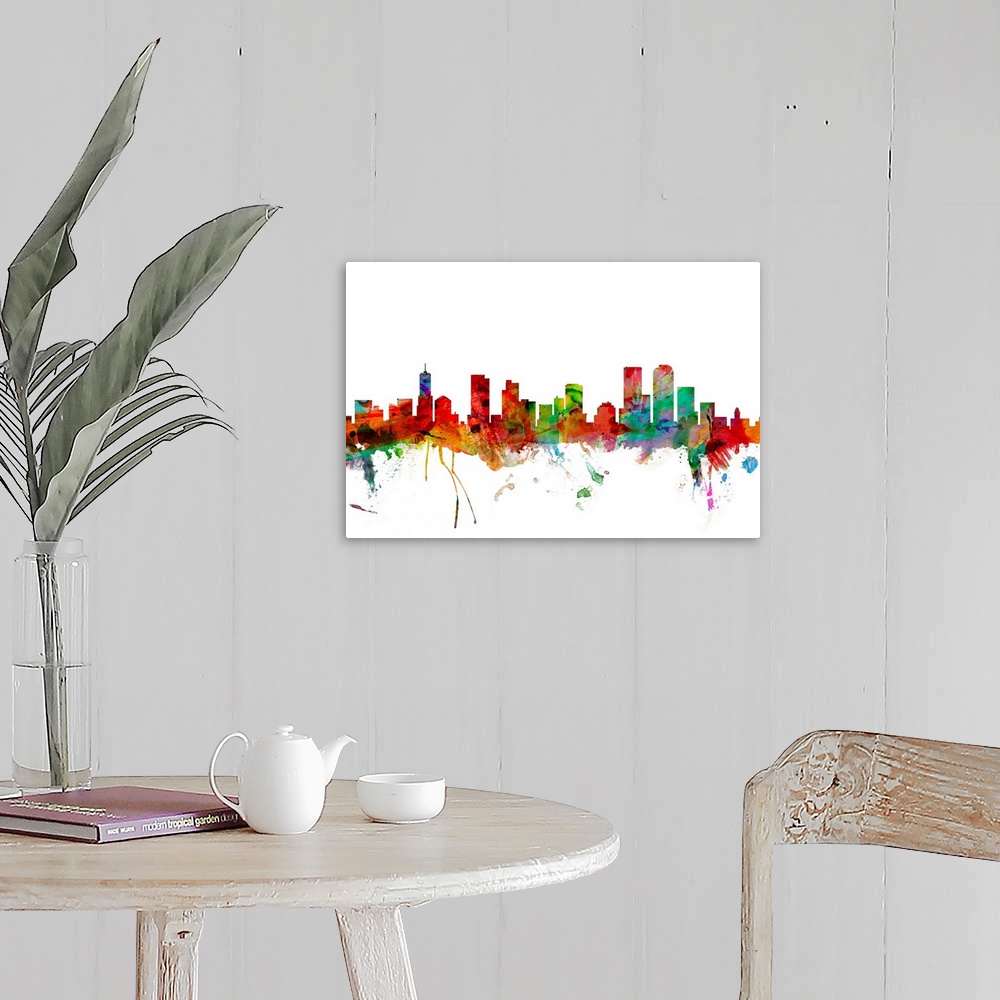 A farmhouse room featuring Watercolor artwork of the Denver skyline against a white background.
