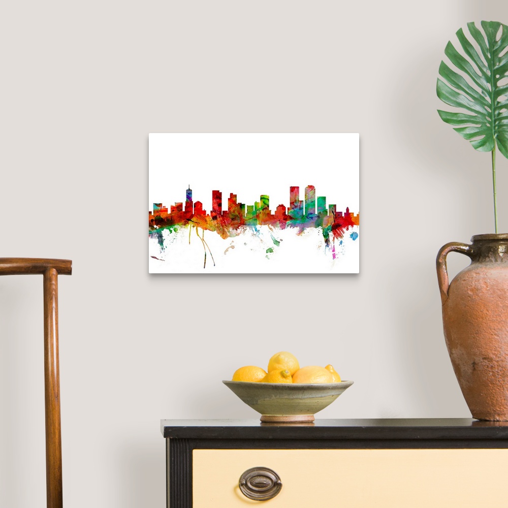 A traditional room featuring Watercolor artwork of the Denver skyline against a white background.