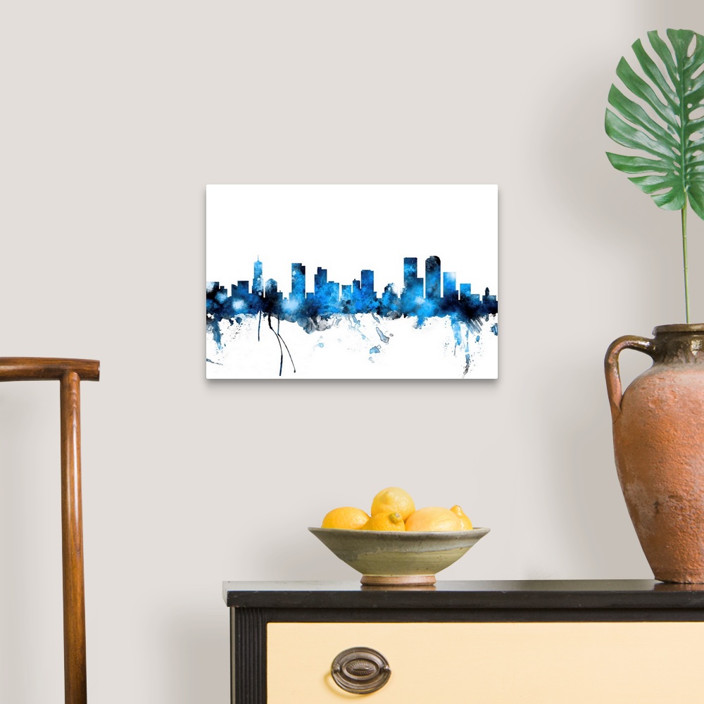 A traditional room featuring Watercolor artwork of the Denver skyline against a white background.