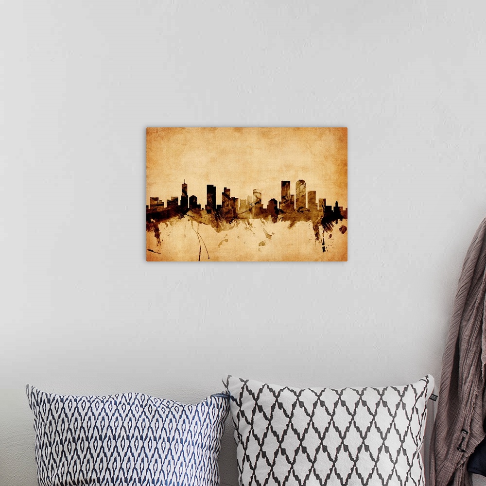 A bohemian room featuring Contemporary artwork of the Denver city skyline in a vintage distressed look.