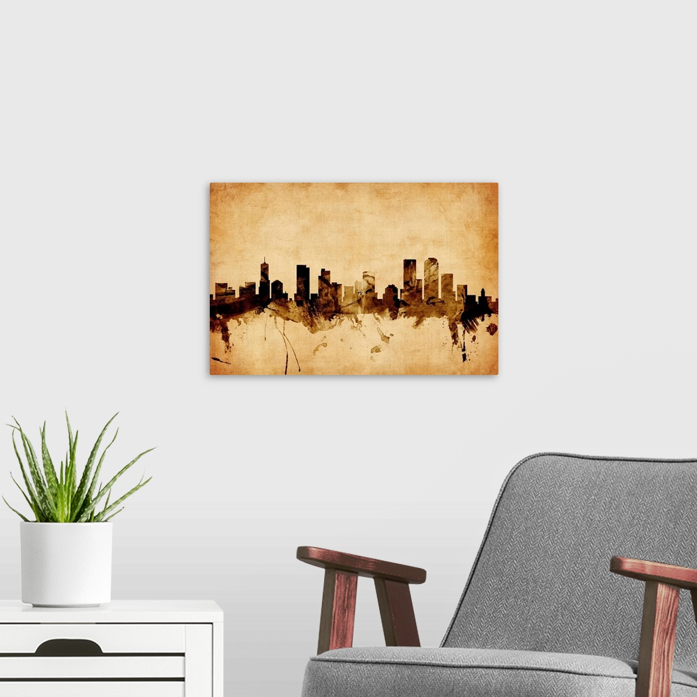 A modern room featuring Contemporary artwork of the Denver city skyline in a vintage distressed look.