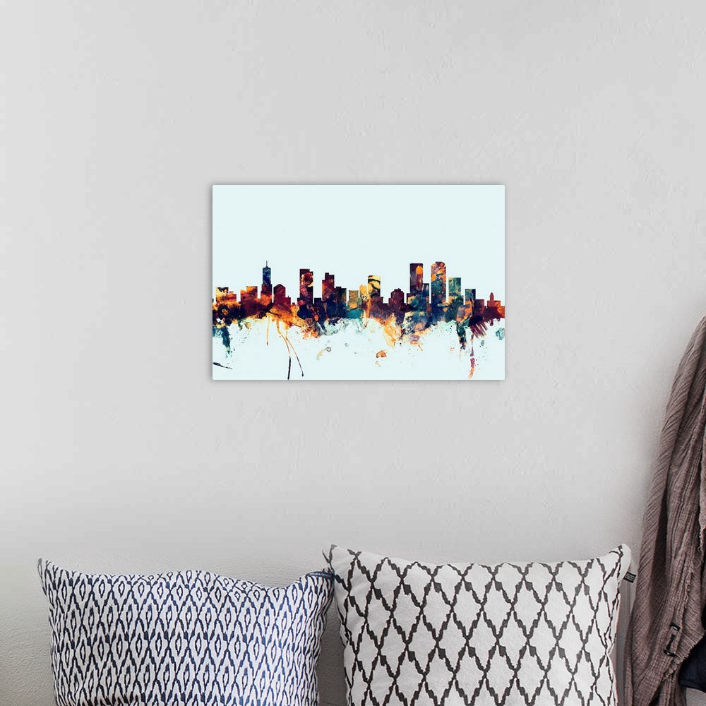 A bohemian room featuring Dark watercolor silhouette of the Denver city skyline against a light blue background.