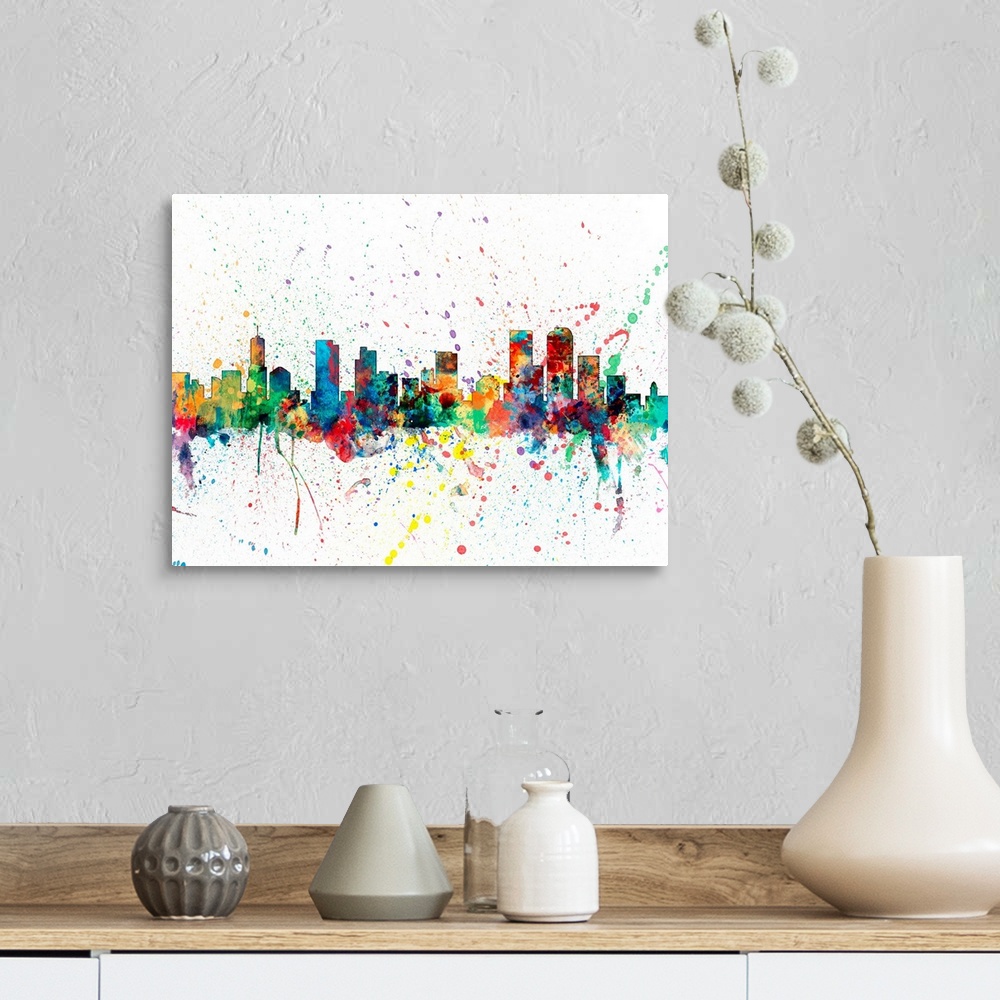 A farmhouse room featuring Wild and vibrant paint splatter silhouette of the Denver skyline.