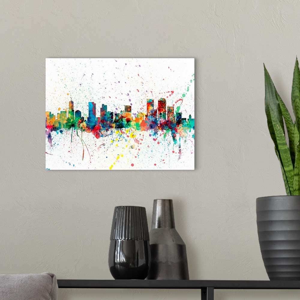 A modern room featuring Wild and vibrant paint splatter silhouette of the Denver skyline.