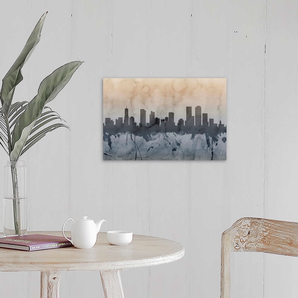 A farmhouse room featuring Watercolor art print of the skyline of Denver, Colorado, United States