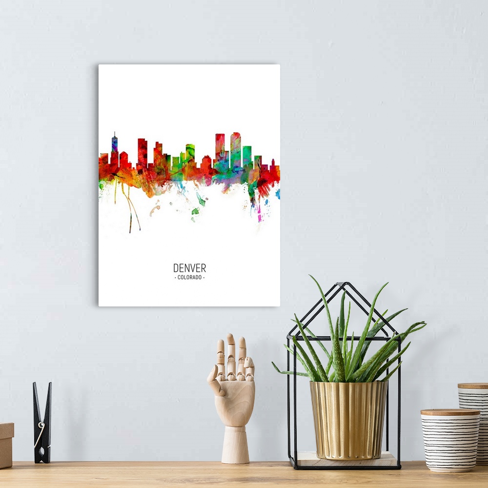 A bohemian room featuring Watercolor art print of the skyline of Denver, Colorado, United States
