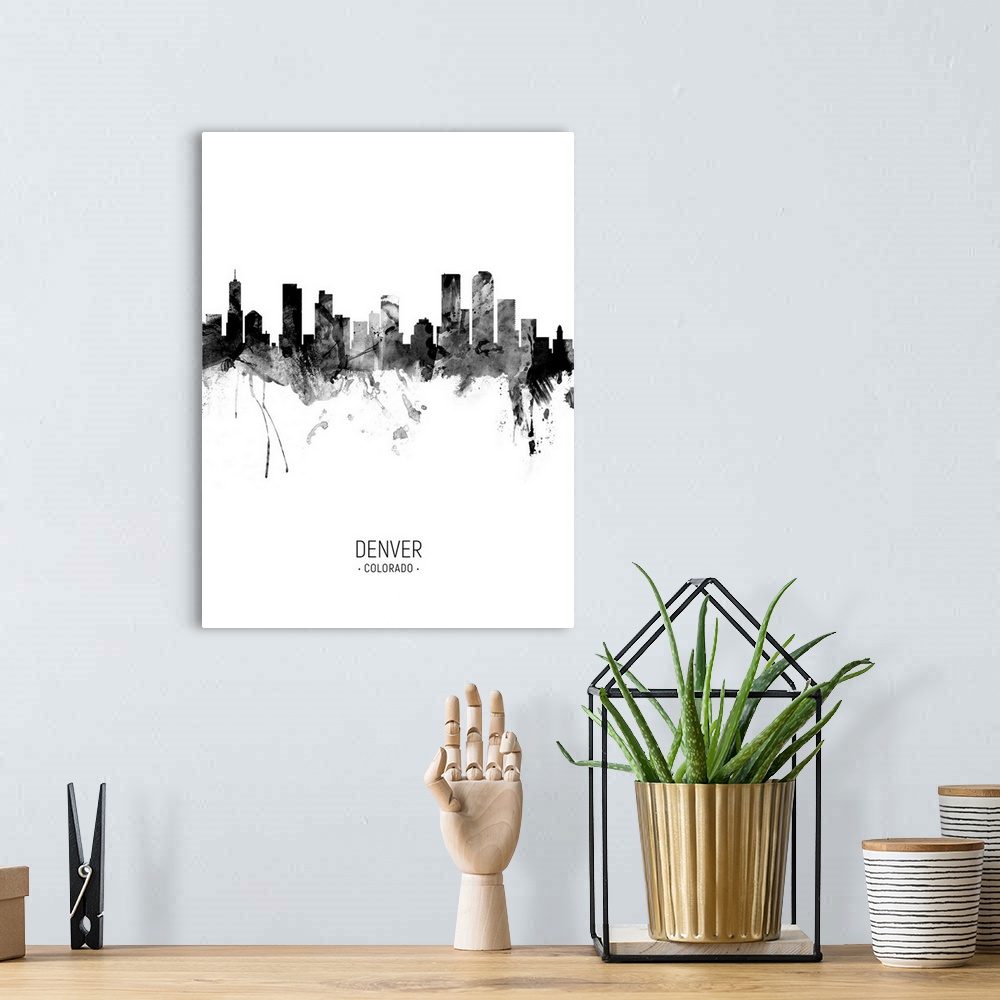 A bohemian room featuring Watercolor art print of the skyline of Denver, Colorado, United States