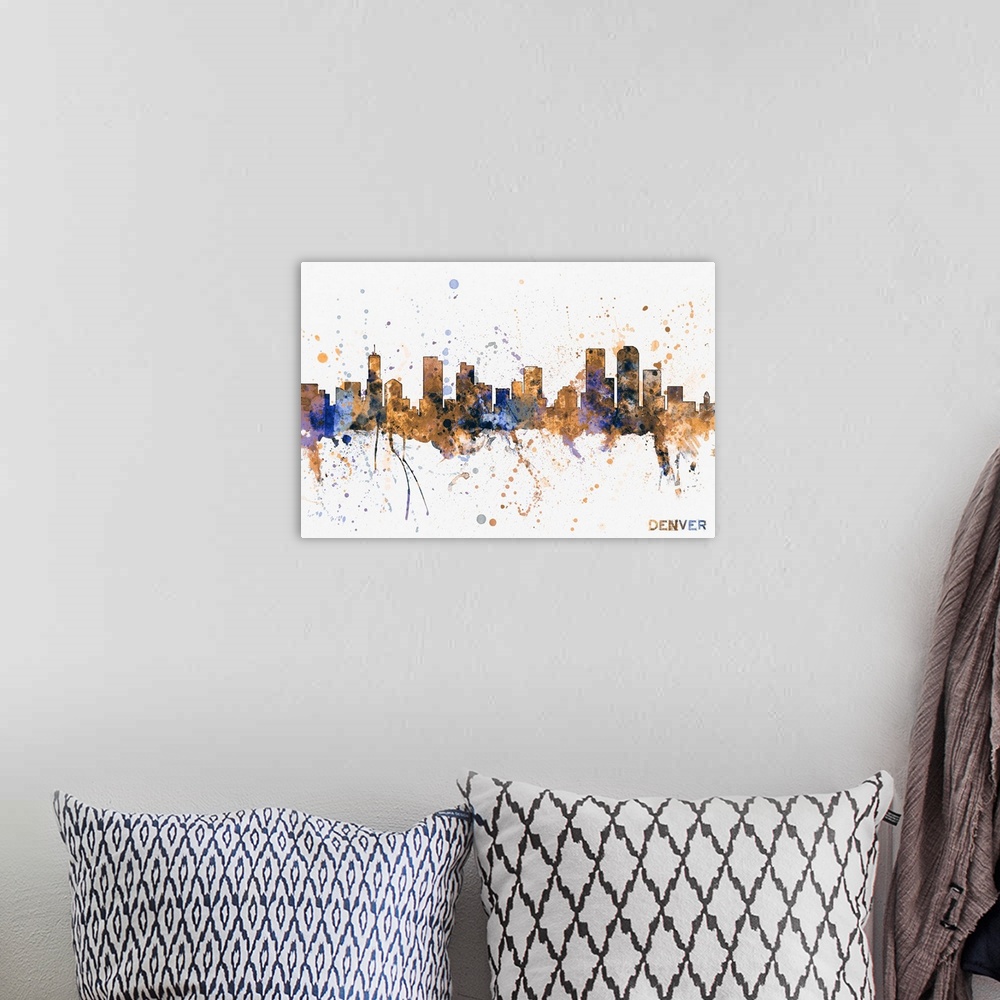 A bohemian room featuring Watercolor and paint splashes art print of the skyline of the City of Denver, Colorado, United St...