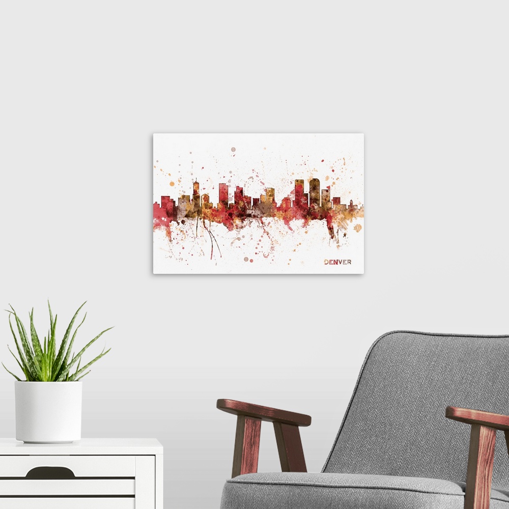 A modern room featuring Watercolor and paint splashes art print of the skyline of the City of Denver, Colorado, United St...