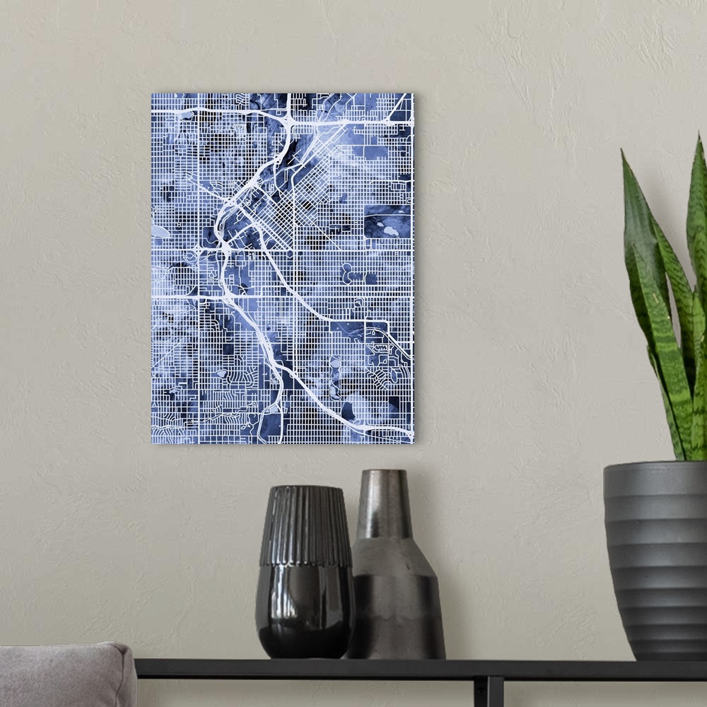 A modern room featuring Contemporary watercolor city street map of Denver.