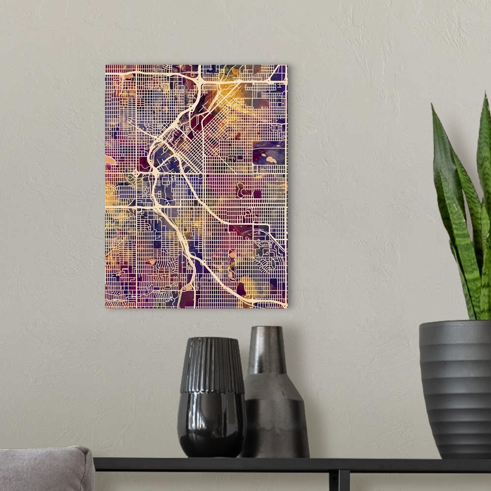 A modern room featuring Contemporary watercolor city street map of Denver.