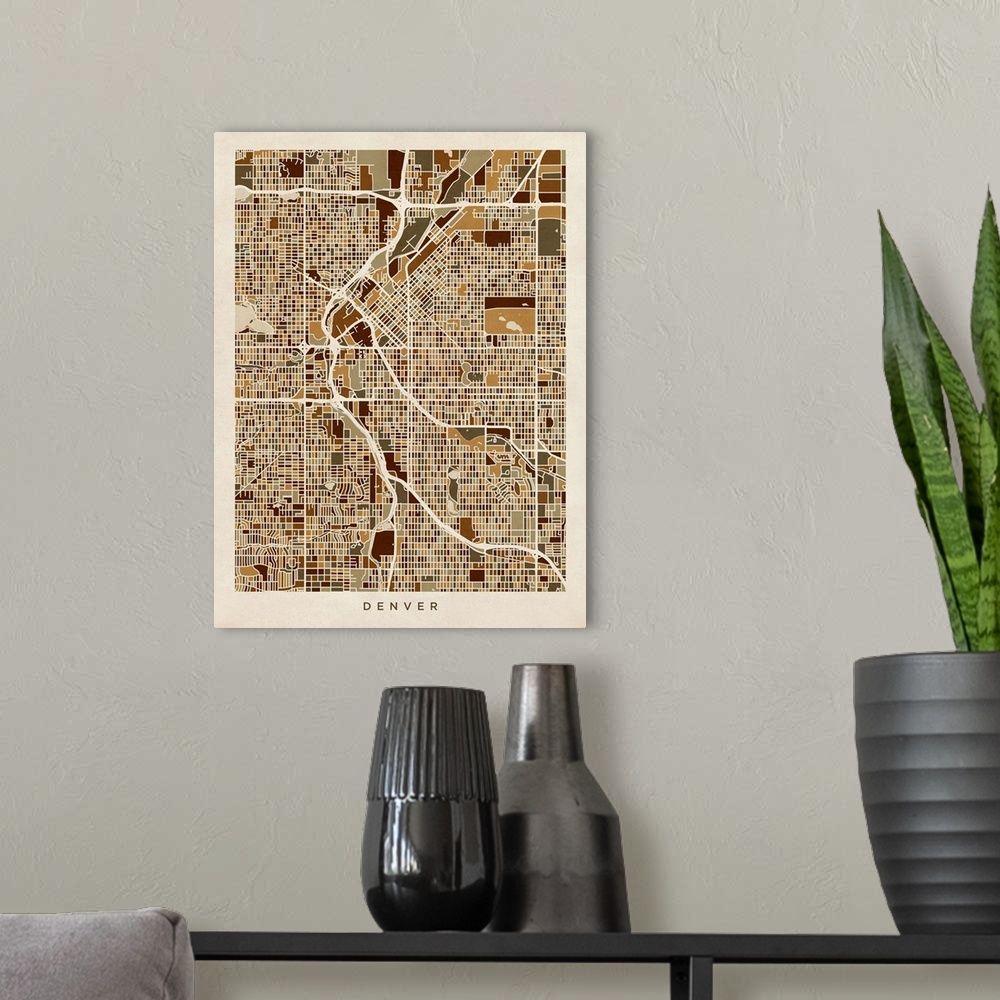 A modern room featuring Contemporary artwork of the city street map of Denver.