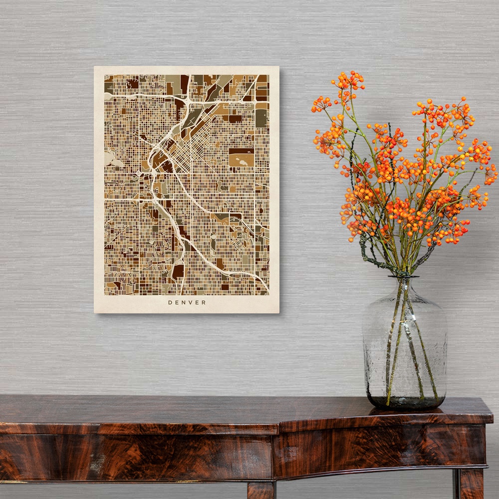 A traditional room featuring Contemporary artwork of the city street map of Denver.