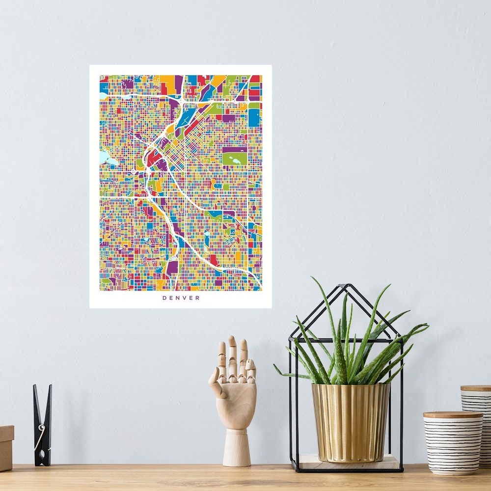 A bohemian room featuring Contemporary colorful artwork of a city street map of Denver.