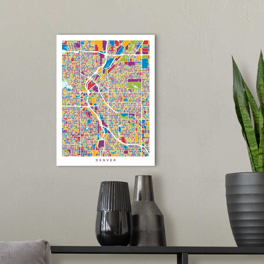 A modern room featuring Contemporary colorful artwork of a city street map of Denver.