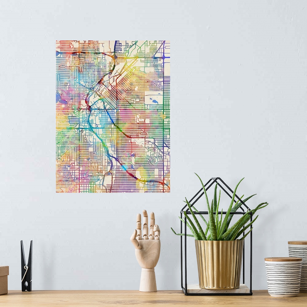 A bohemian room featuring Contemporary watercolor city street map of Denver.