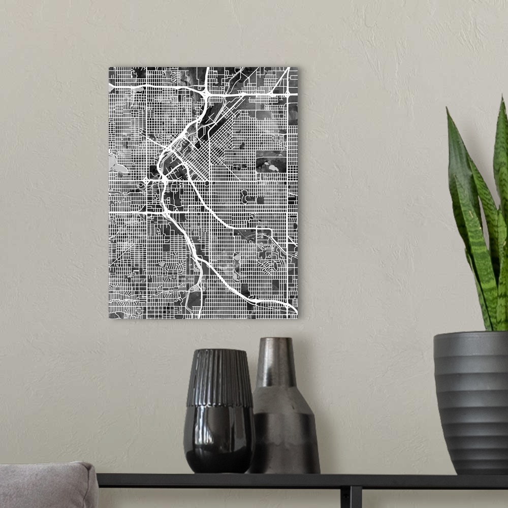 A modern room featuring Watercolor street map of Denver, Colorado, United States