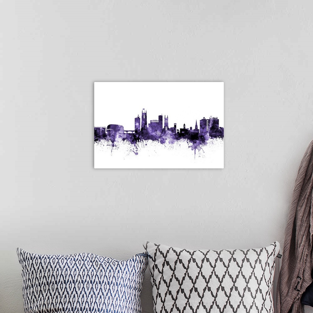 A bohemian room featuring Watercolor art print of the skyline of Derby, England, United Kingdom