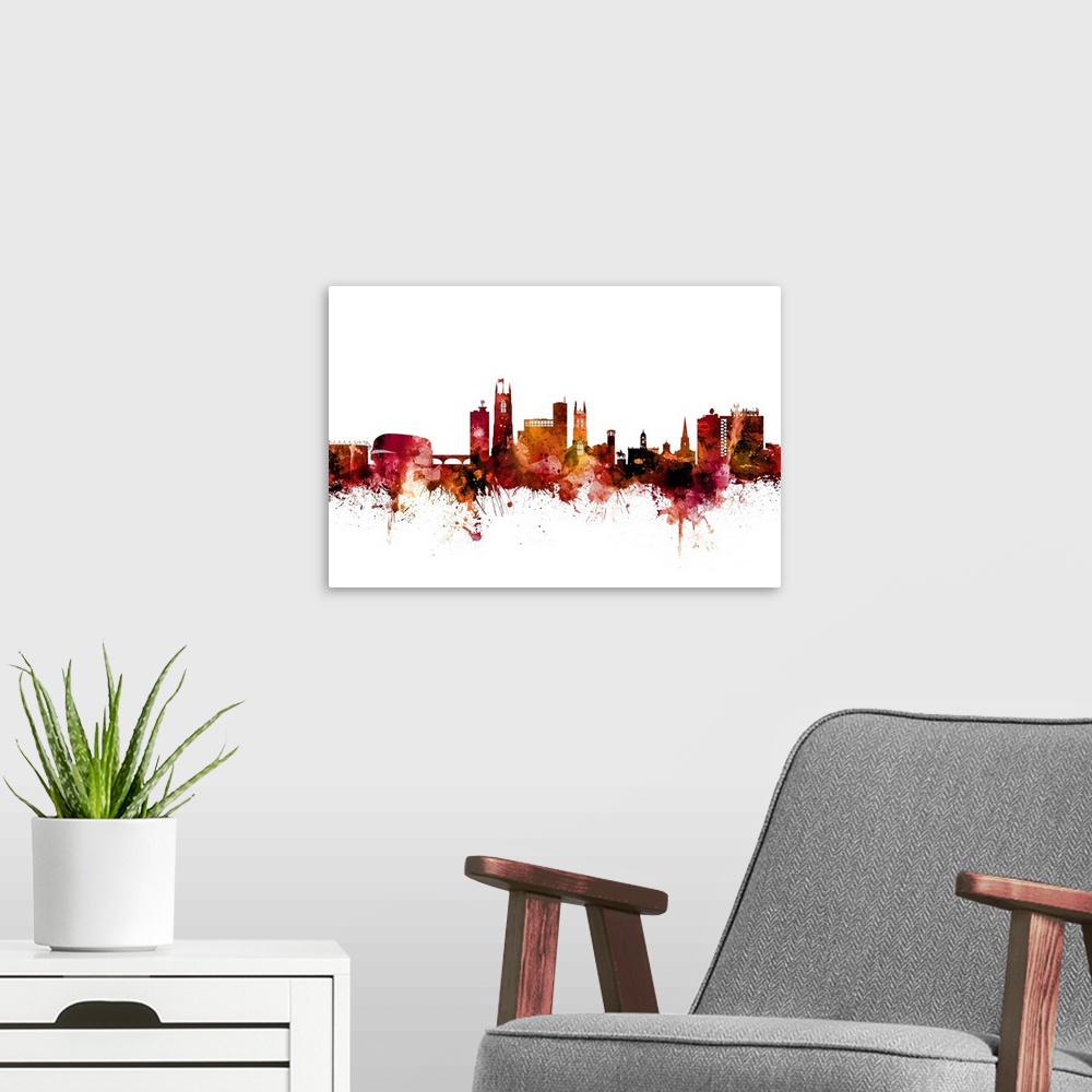 A modern room featuring Watercolor art print of the skyline of Derby, England, United Kingdom.