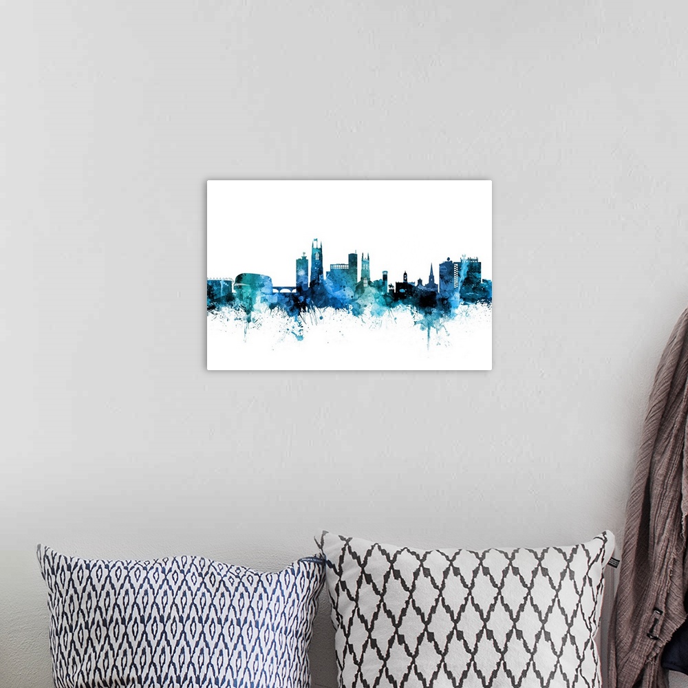 A bohemian room featuring Watercolor art print of the skyline of Derby, England, United Kingdom.