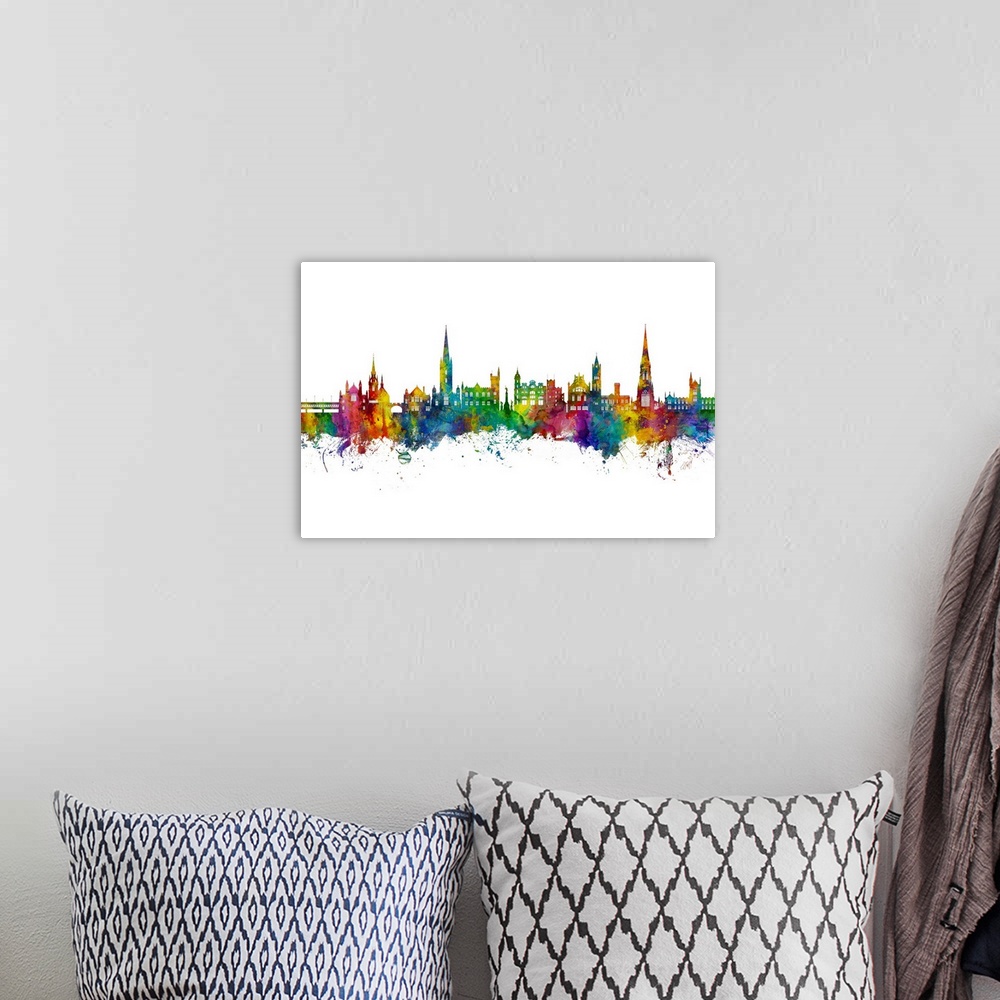 A bohemian room featuring Watercolor art print of the skyline of Derry, Northern Ireland
