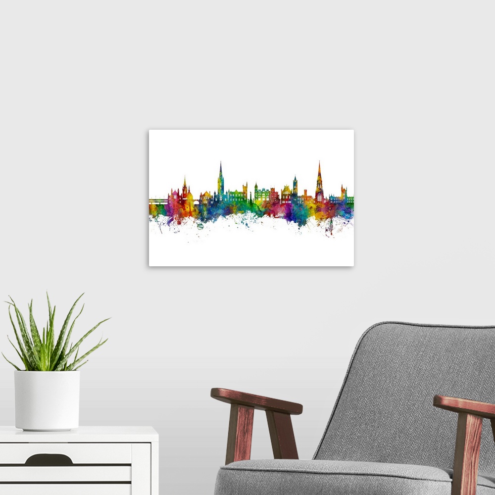 A modern room featuring Watercolor art print of the skyline of Derry, Northern Ireland