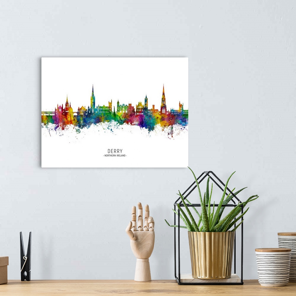 A bohemian room featuring Watercolor art print of the skyline of Derry, Northern Ireland