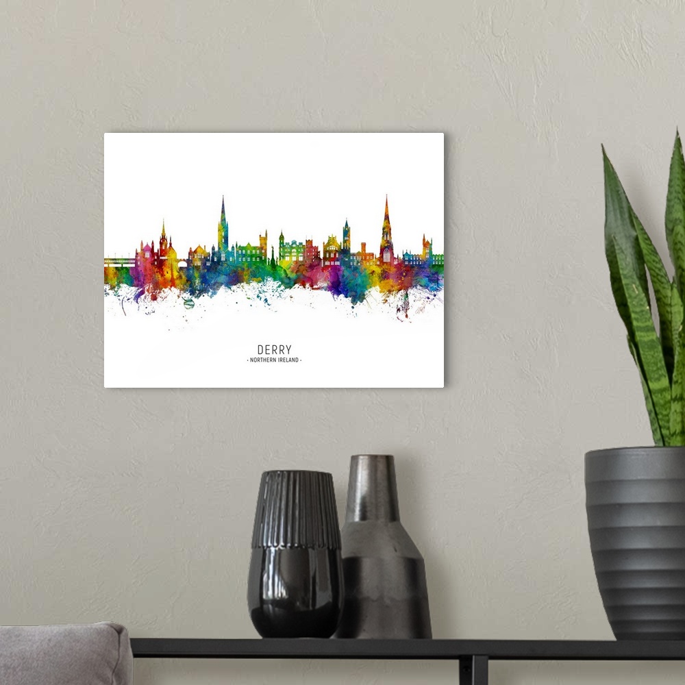 A modern room featuring Watercolor art print of the skyline of Derry, Northern Ireland