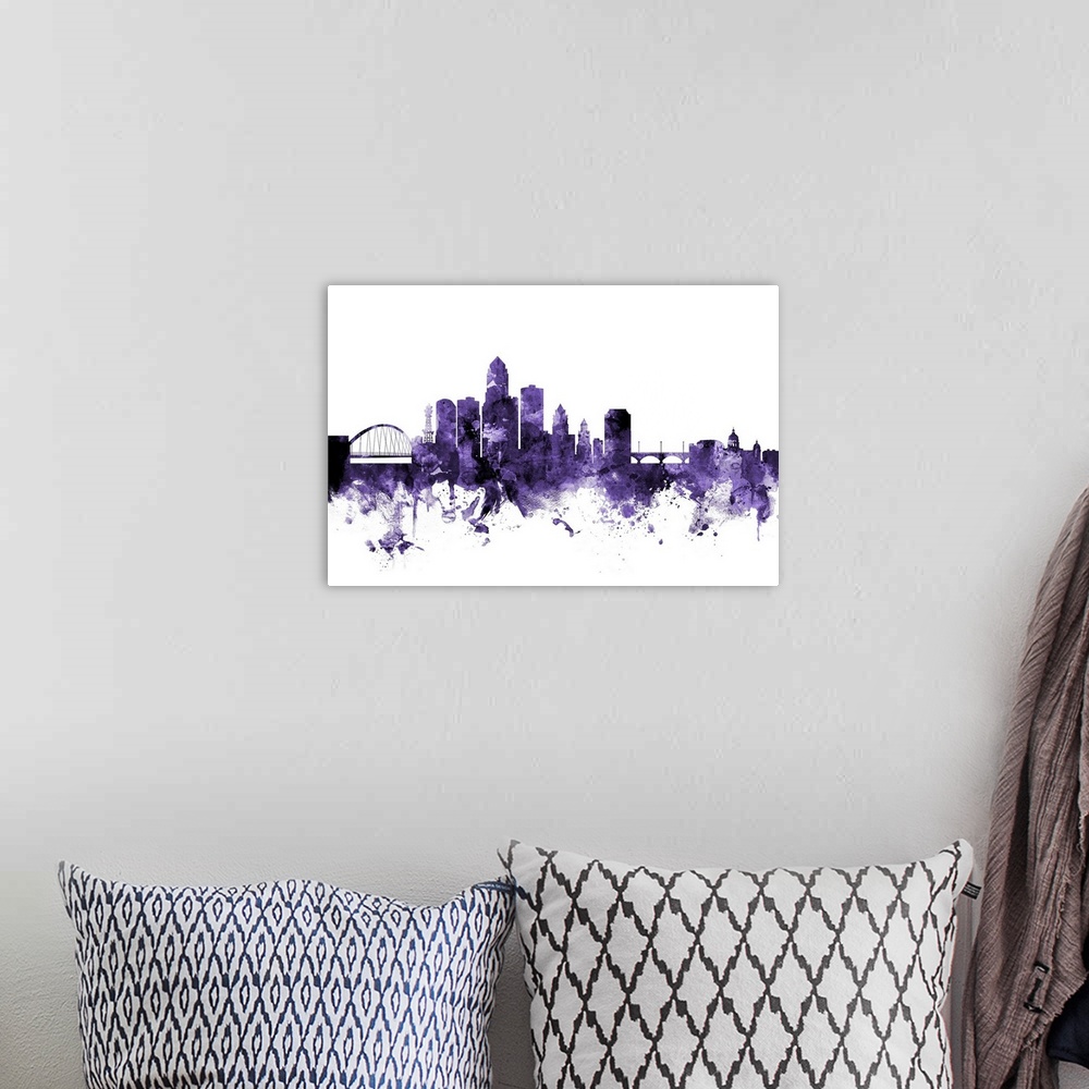 A bohemian room featuring Watercolor art print of the skyline of Des Moines, Iowa, United States