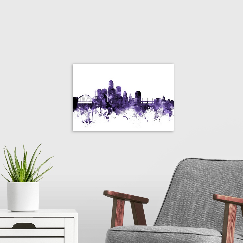 A modern room featuring Watercolor art print of the skyline of Des Moines, Iowa, United States