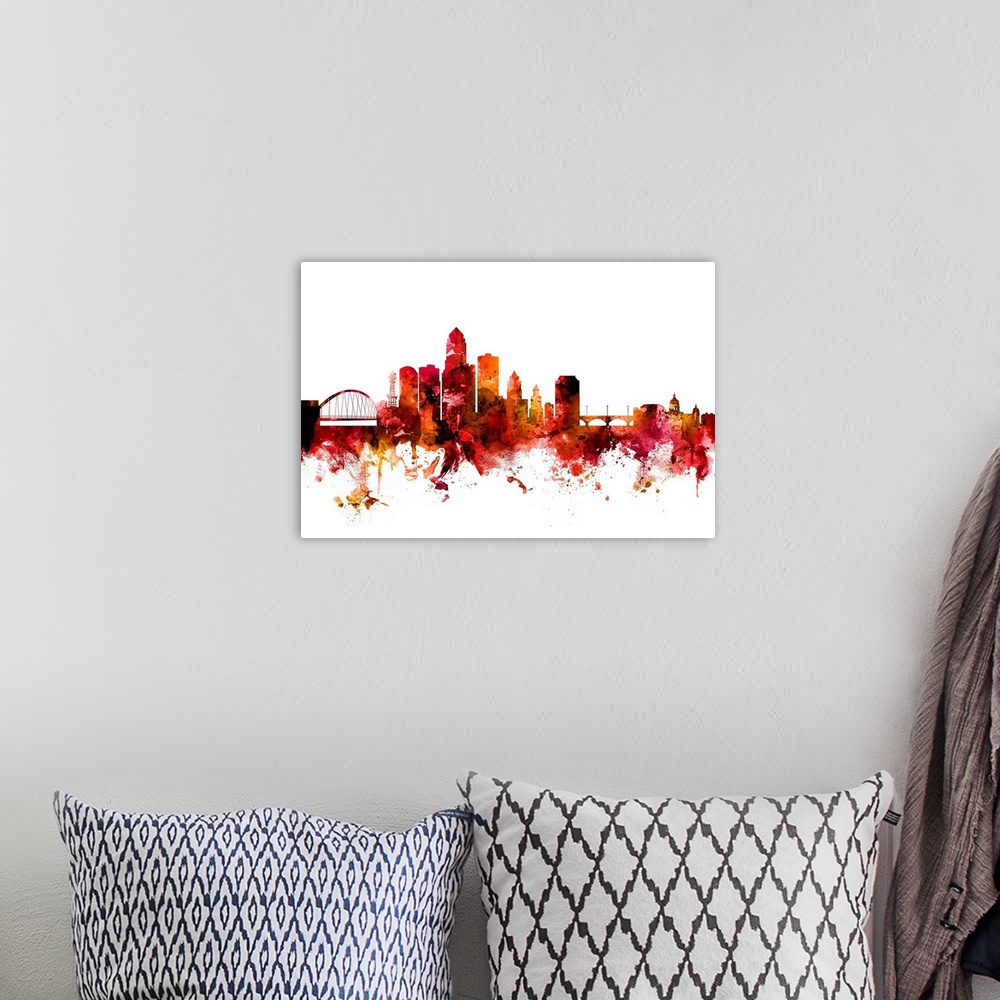 A bohemian room featuring Watercolor art print of the skyline of Des Moines, Iowa, United States.