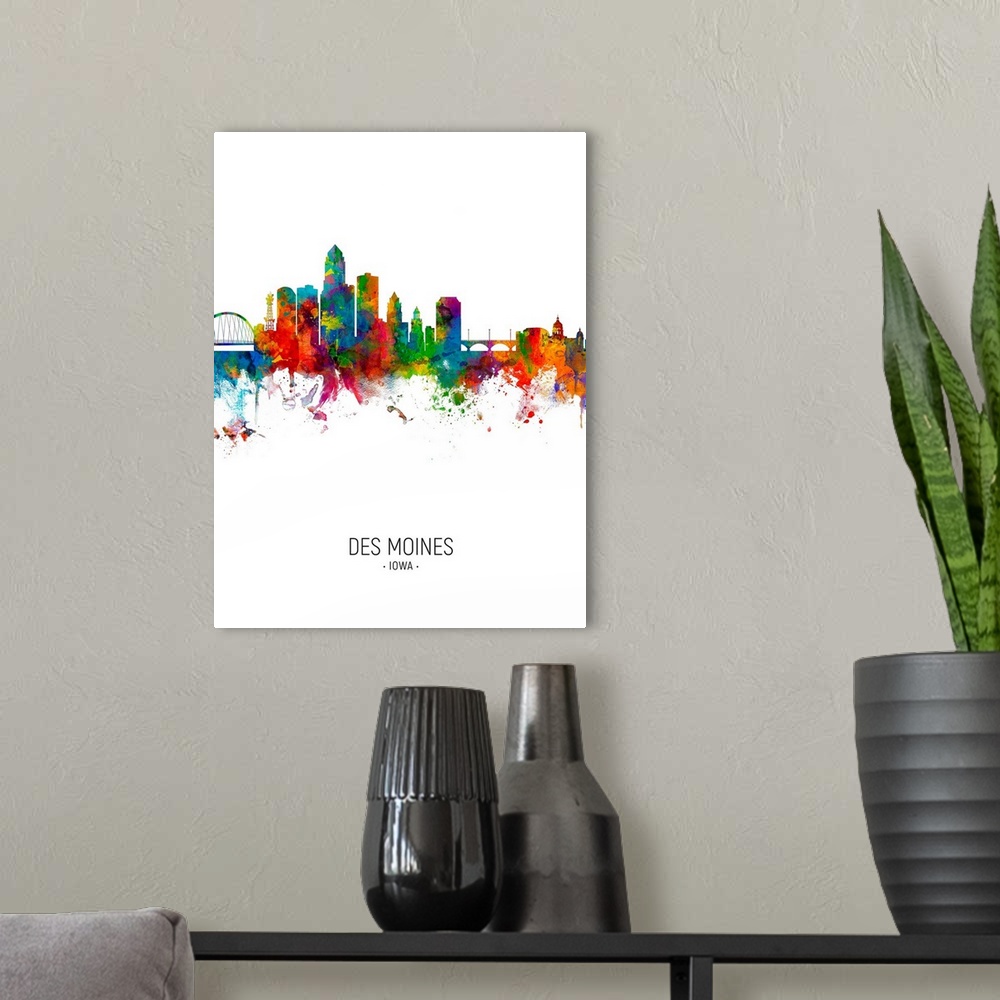 A modern room featuring Watercolor art print of the skyline of Des Moines, Iowa, United States