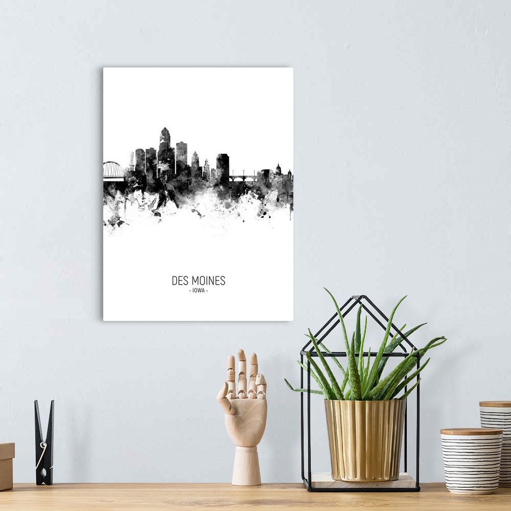 A bohemian room featuring Watercolor art print of the skyline of Des Moines, Iowa, United States
