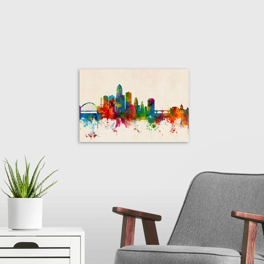 A modern room featuring Watercolor art print of the skyline of Des Moines, Iowa, United States.