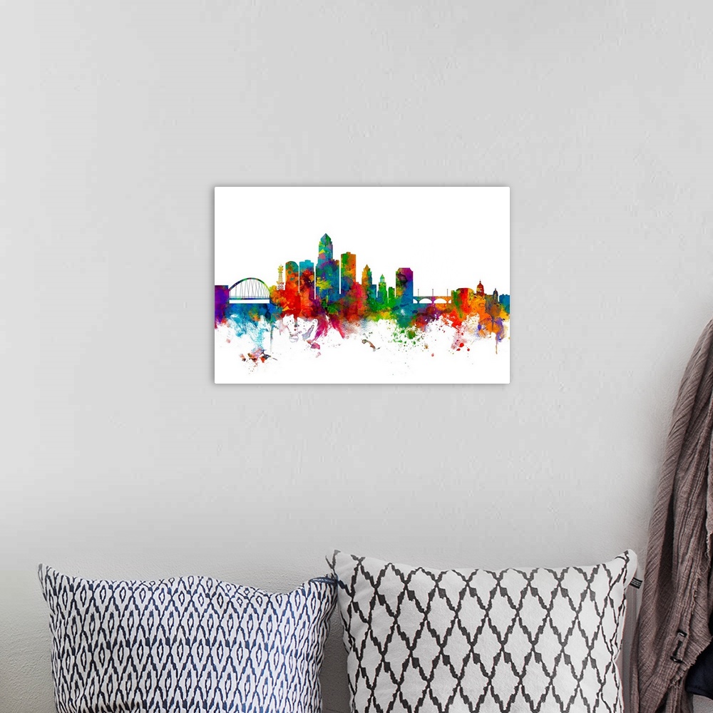A bohemian room featuring Watercolor art print of the skyline of Des Moines, Iowa, United States.