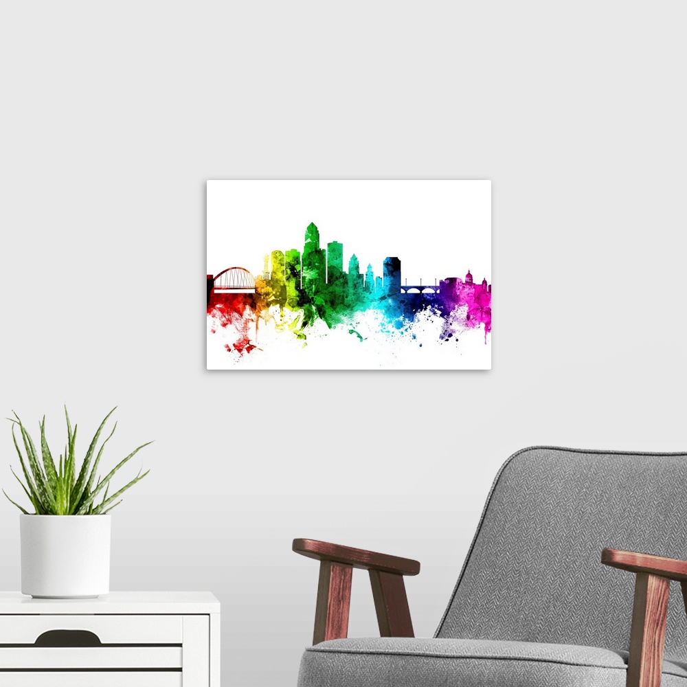 A modern room featuring Watercolor art print of the skyline of Des Moines, Iowa, United States.